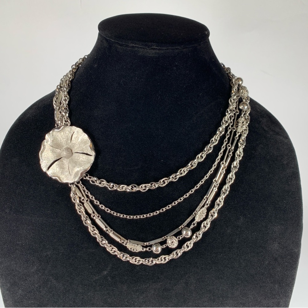 Dogwood Bloom Necklace Multi Strand Brushed Silver Tone “TAN” 70’s 19” Vintage